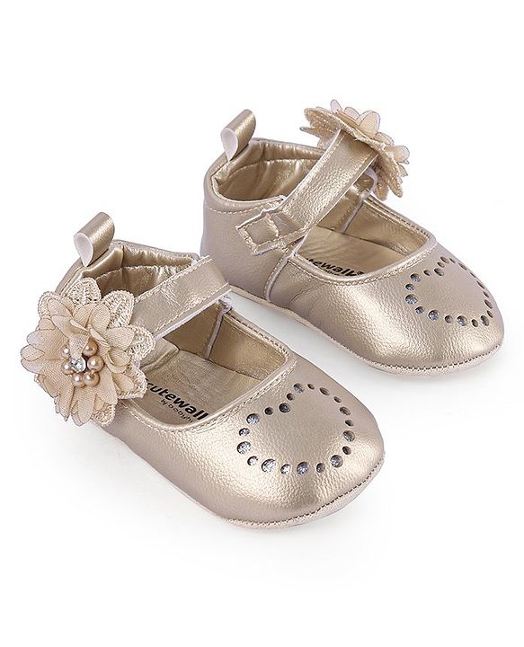 Cute Walk by Babyhug Velcro Closure Floral & Pearl Detailing Ballerina Booties - Gold
