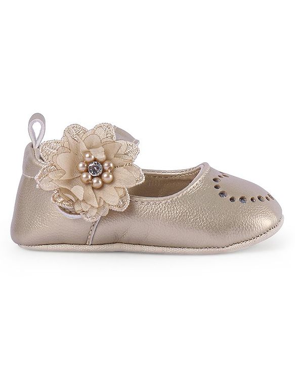 Cute Walk by Babyhug Velcro Closure Floral & Pearl Detailing Ballerina Booties - Gold