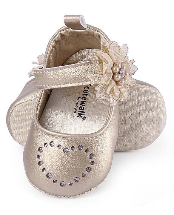 Cute Walk by Babyhug Velcro Closure Floral & Pearl Detailing Ballerina Booties - Gold