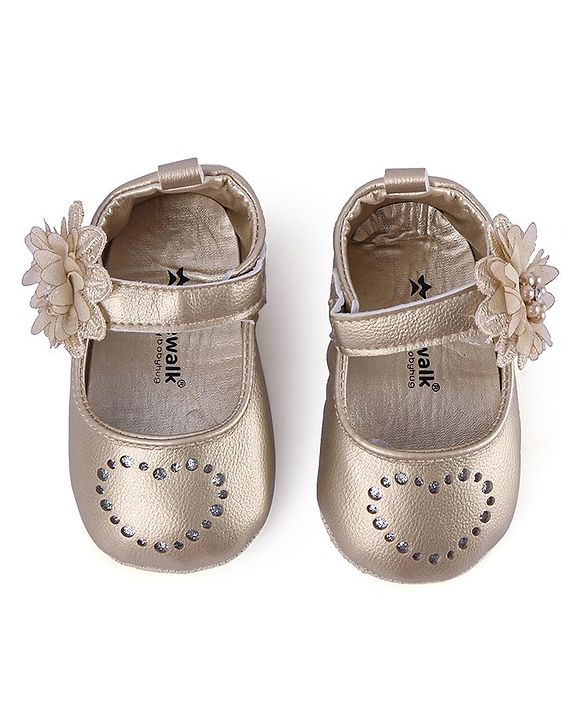 Cute Walk by Babyhug Velcro Closure Floral & Pearl Detailing Ballerina Booties - Gold