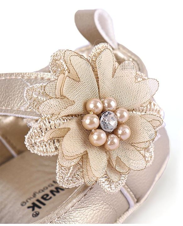 Cute Walk by Babyhug Velcro Closure Floral & Pearl Detailing Ballerina Booties - Gold