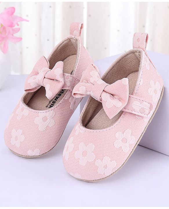 Cute Walk by Babyhug Velcro Closure Floral Printed & Bow Applique Ballerina Booties - Pink