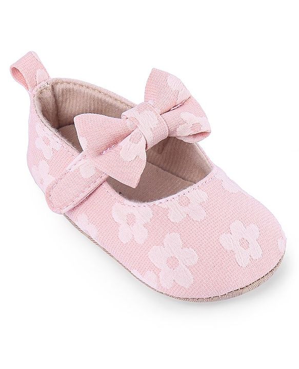 Cute Walk by Babyhug Velcro Closure Floral Printed & Bow Applique Ballerina Booties - Pink