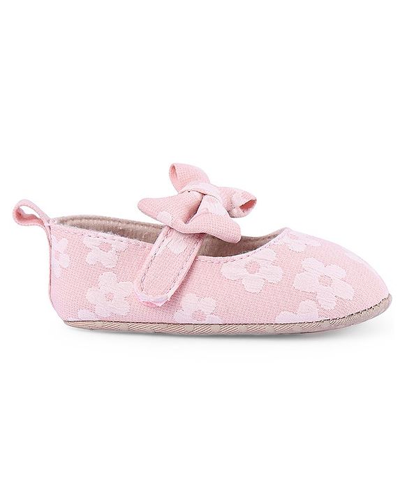 Cute Walk by Babyhug Velcro Closure Floral Printed & Bow Applique Ballerina Booties - Pink