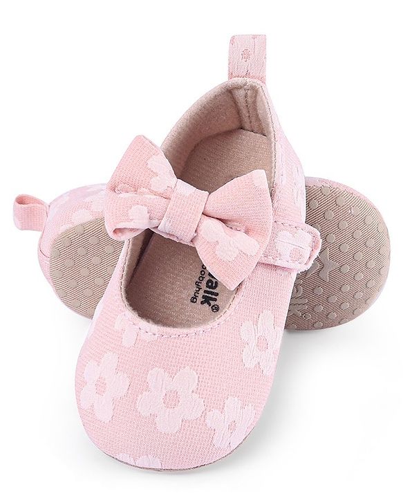 Cute Walk by Babyhug Velcro Closure Floral Printed & Bow Applique Ballerina Booties - Pink