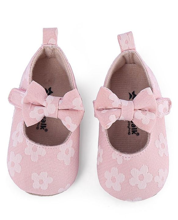 Cute Walk by Babyhug Velcro Closure Floral Printed & Bow Applique Ballerina Booties - Pink