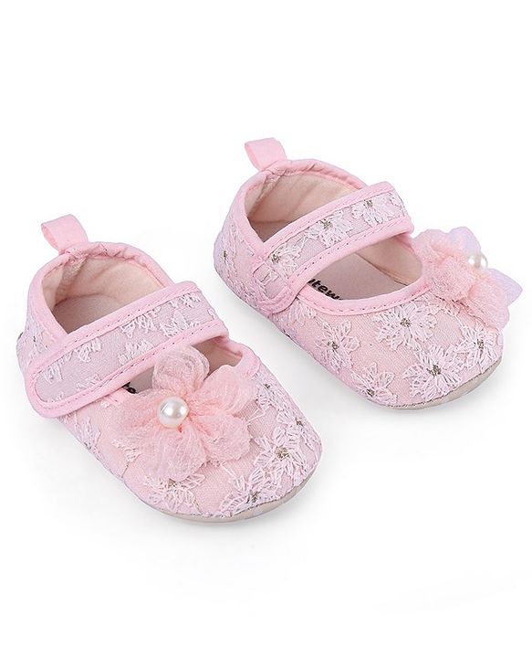 Cute Walk by Babyhug Velcro Closure Floral Embroiderer with Pearl Applique Ballerina Booties - Pink