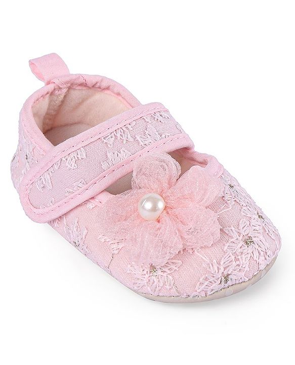 Cute Walk by Babyhug Velcro Closure Floral Embroiderer with Pearl Applique Ballerina Booties - Pink