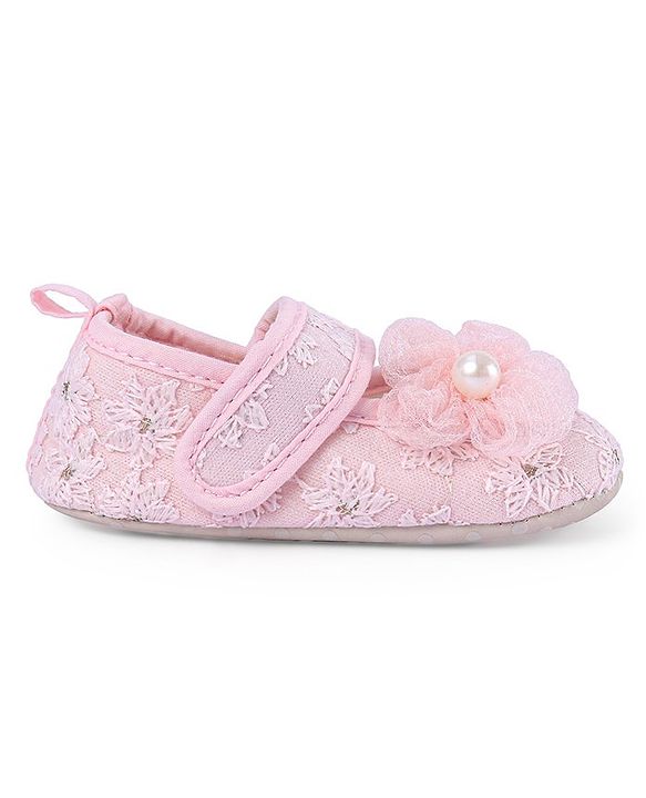 Cute Walk by Babyhug Velcro Closure Floral Embroiderer with Pearl Applique Ballerina Booties - Pink