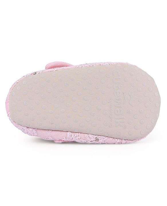 Cute Walk by Babyhug Velcro Closure Floral Embroiderer with Pearl Applique Ballerina Booties - Pink