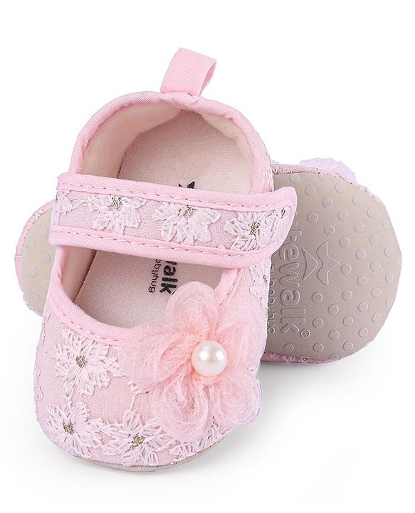 Cute Walk by Babyhug Velcro Closure Floral Embroiderer with Pearl Applique Ballerina Booties - Pink