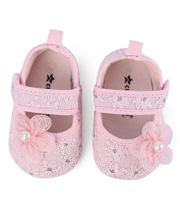 Cute Walk by Babyhug Velcro Closure Floral Embroiderer with Pearl Applique Ballerina Booties - Pink