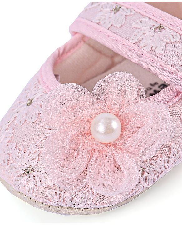 Cute Walk by Babyhug Velcro Closure Floral Embroiderer with Pearl Applique Ballerina Booties - Pink