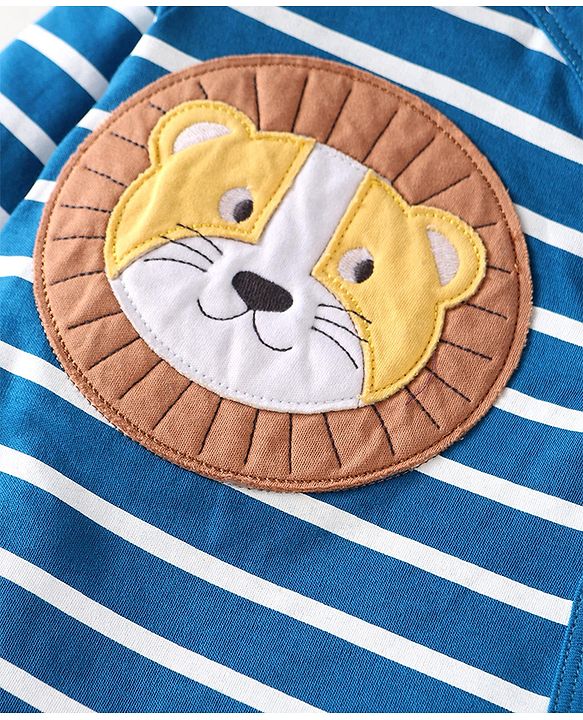 Babyhug Cotton Knit Full Sleeves Sleep Suit With Stripe Print &  Lion Applique - White & Blue
