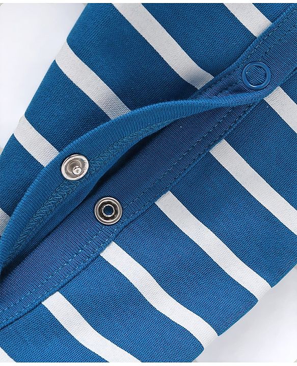 Babyhug Cotton Knit Full Sleeves Sleep Suit With Stripe Print &  Lion Applique - White & Blue