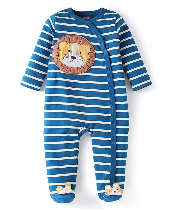 Babyhug Cotton Knit Full Sleeves Sleep Suit With Stripe Print &  Lion Applique - White & Blue