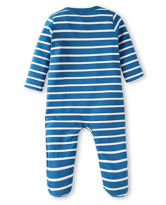 Babyhug Cotton Knit Full Sleeves Sleep Suit With Stripe Print &  Lion Applique - White & Blue