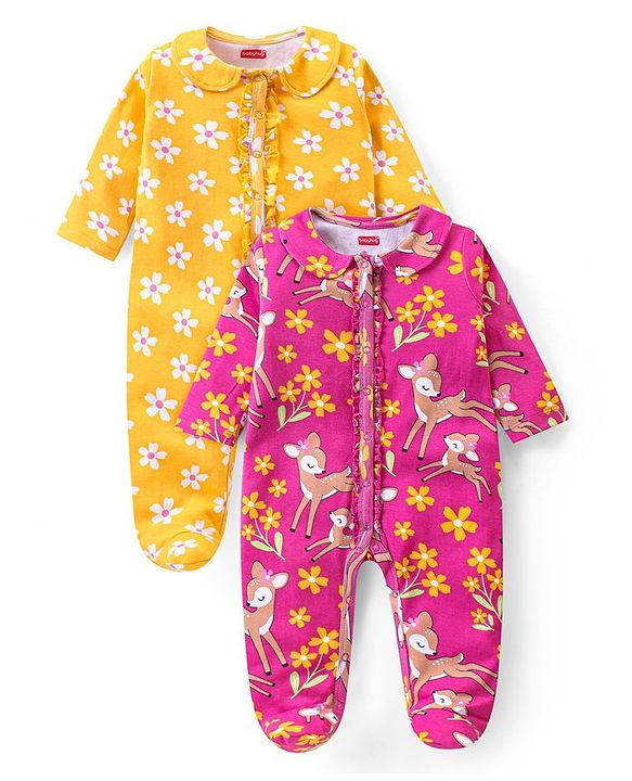 Babyhug Cotton Knit Full Sleeves Sleep Suit Floral & Deer Print Pack of 2 -Yellow & Pink