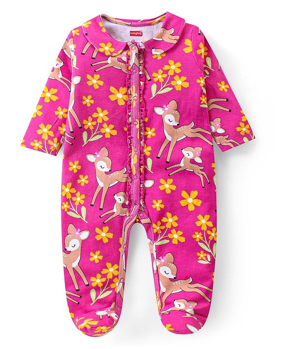 Babyhug Cotton Knit Full Sleeves Sleep Suit Floral & Deer Print Pack of 2 -Yellow & Pink