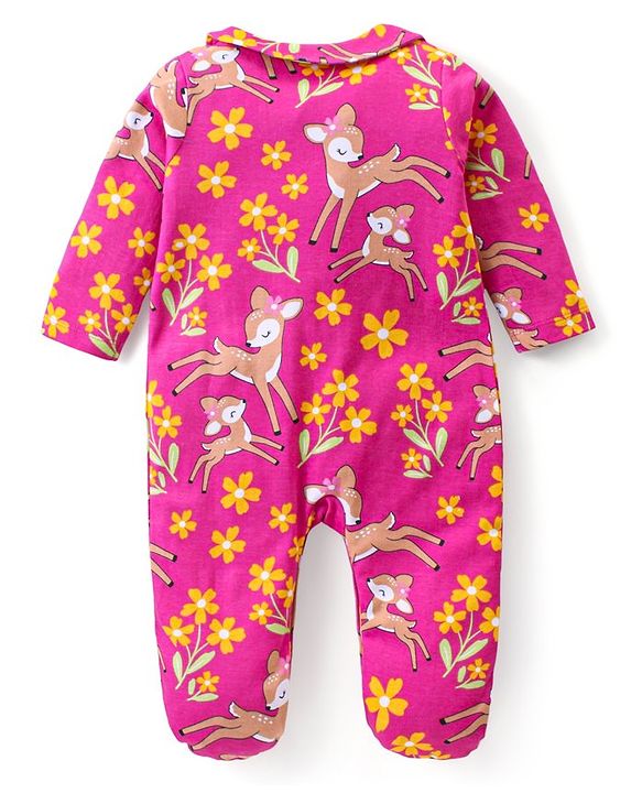 Babyhug Cotton Knit Full Sleeves Sleep Suit Floral & Deer Print Pack of 2 -Yellow & Pink