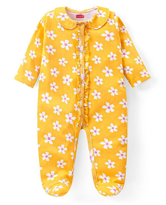 Babyhug Cotton Knit Full Sleeves Sleep Suit Floral & Deer Print Pack of 2 -Yellow & Pink