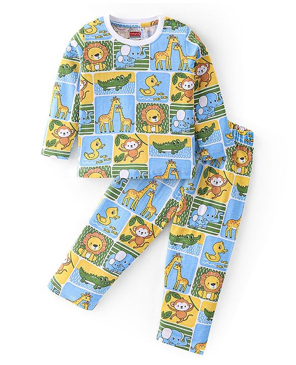 Babyhug Cotton Knit Full Sleeves Night Suit with Animal Print - Multicolour