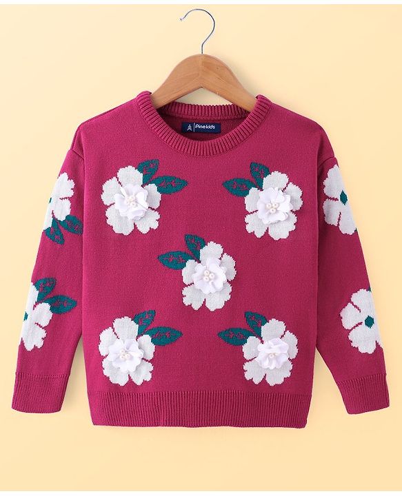 Pine Kids Knitted Full Sleeves Pullover Sweater with Floral Design & Applique - Lavender