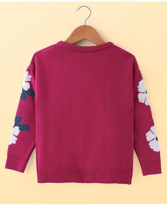 Pine Kids Knitted Full Sleeves Pullover Sweater with Floral Design & Applique - Lavender