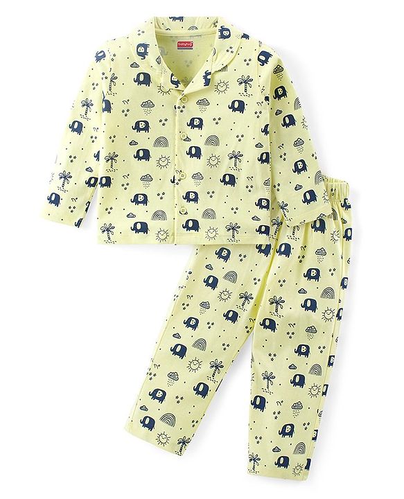 Babyhug Cotton Knit Full Sleeves Front Open Night Suit Elephant Print - Light Yellow
