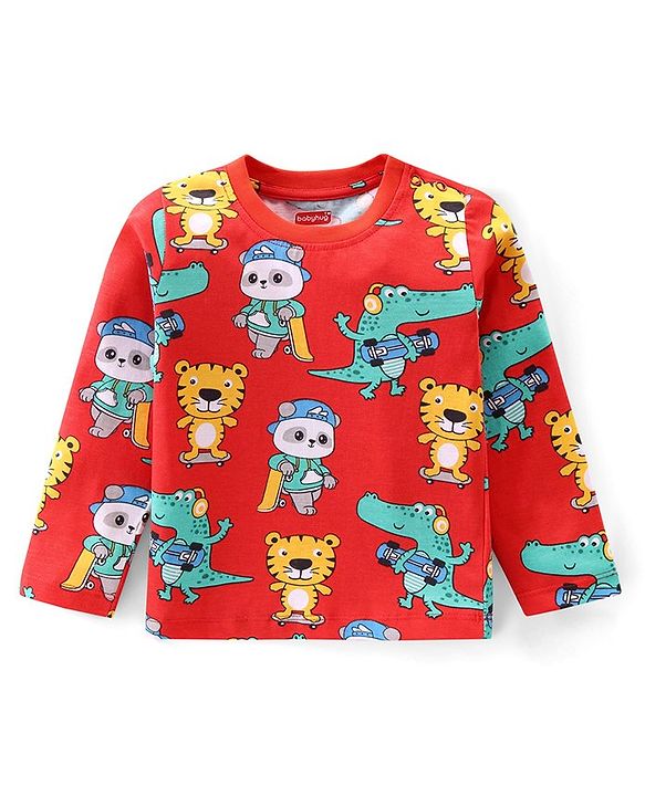 Babyhug Cotton Knit Full Sleeves Night Suit with Tiger & Panda Print - Red