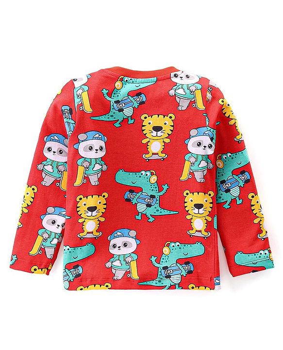Babyhug Cotton Knit Full Sleeves Night Suit with Tiger & Panda Print - Red