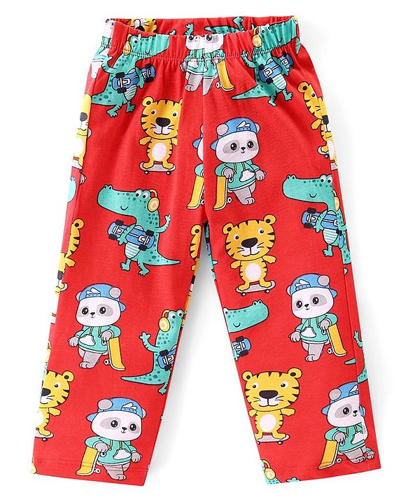 Babyhug Cotton Knit Full Sleeves Night Suit with Tiger & Panda Print - Red