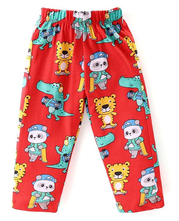 Babyhug Cotton Knit Full Sleeves Night Suit with Tiger & Panda Print - Red