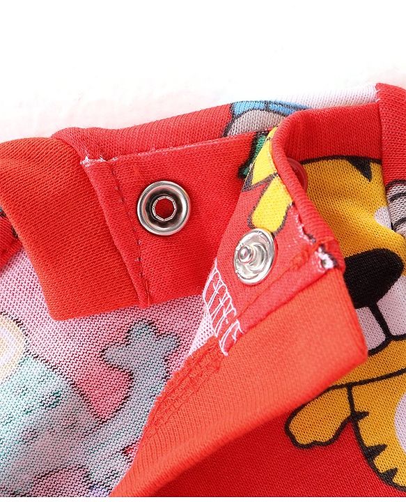 Babyhug Cotton Knit Full Sleeves Night Suit with Tiger & Panda Print - Red