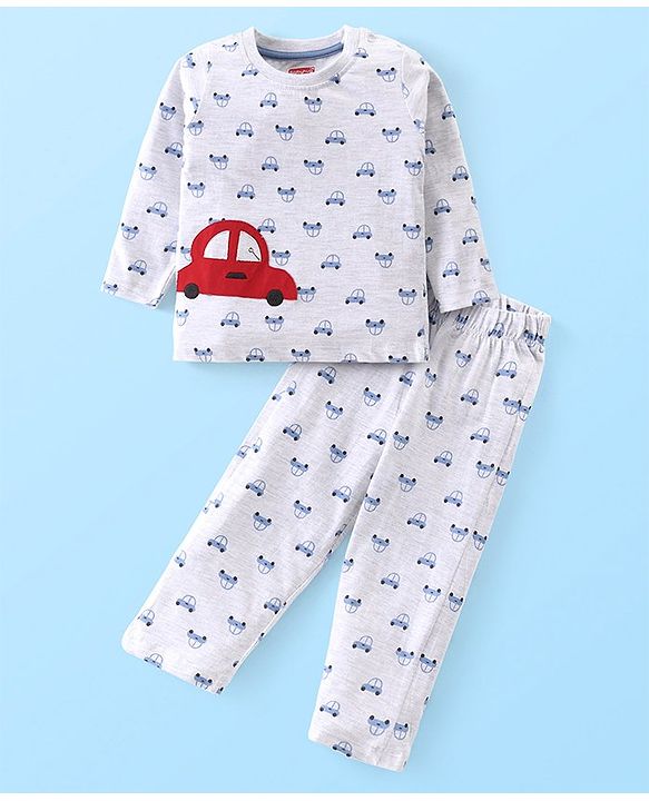 Babyhug Cotton Knit Full Sleeves Night Suit with Vehicle Print - Melange