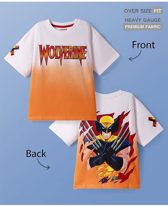 Pine Kids Marvel Terry Knit Drop Shoulder Oversized T-Shirt With Front & Back Wolverine Graphic & Ombre Effect - Orange