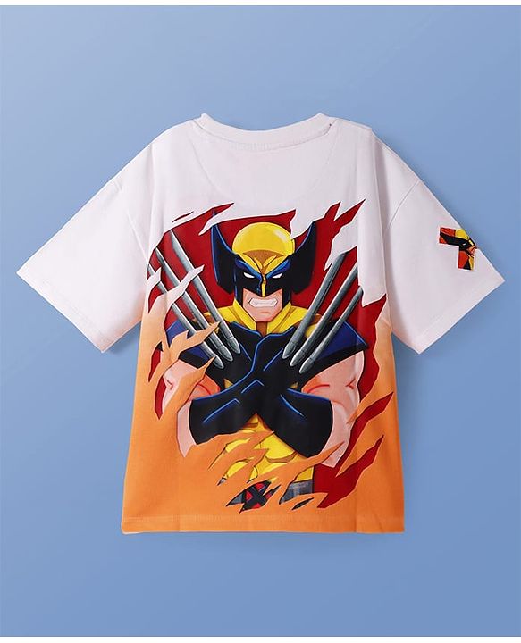 Pine Kids Marvel Terry Knit Drop Shoulder Oversized T-Shirt With Front & Back Wolverine Graphic & Ombre Effect - Orange