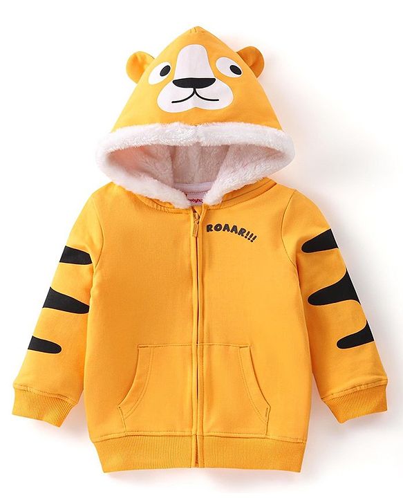 Babyhug Full Sleeve Front Open Hooded Sweat Jacket with Animal Print & Ears Applique - Yellow