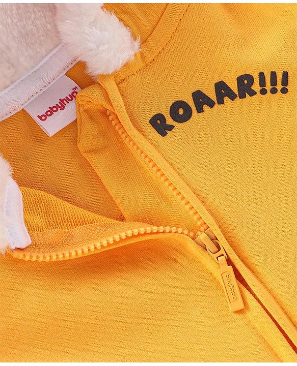 Babyhug Full Sleeve Front Open Hooded Sweat Jacket with Animal Print & Ears Applique - Yellow