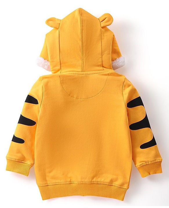 Babyhug Full Sleeve Front Open Hooded Sweat Jacket with Animal Print & Ears Applique - Yellow