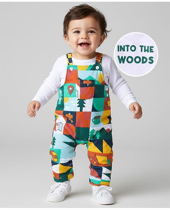 Babyhug Single Jersey Knit Full Sleeves Solid T-Shirt & Dungaree Style Romper with Jungle Theme Print - White & Green