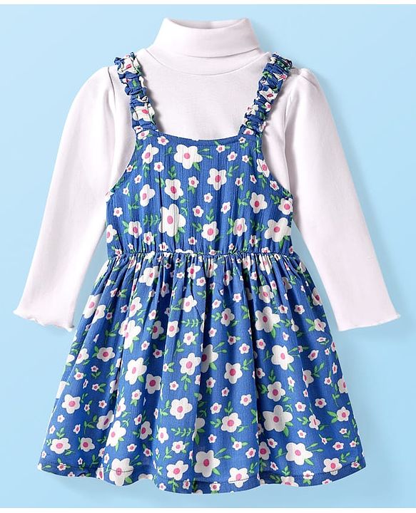 Babyhug Cotton Woven Frock & Full Sleeves Inner Tee With Floral Print - Blue