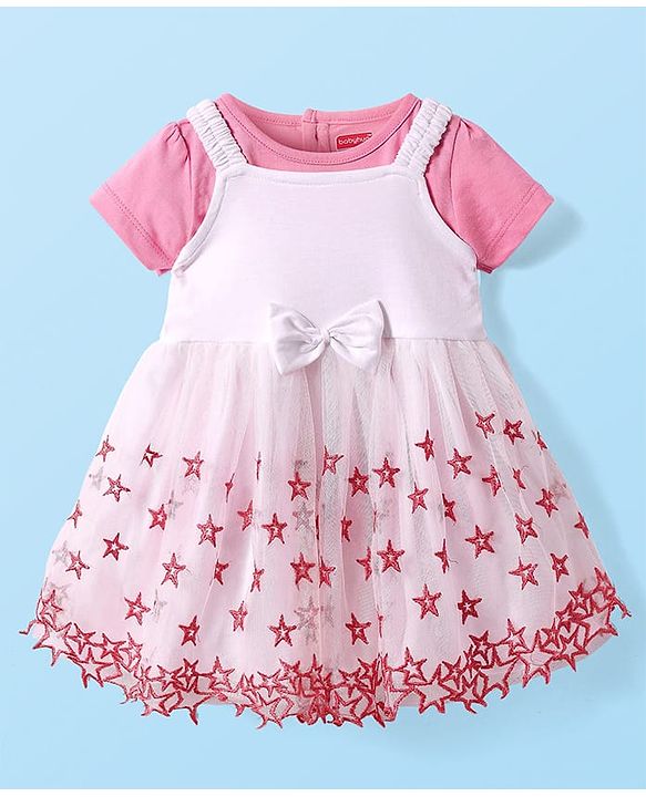 Babyhug Woven Half Sleeves Embroidered Stars Frock with T-Shirt - White & Pink