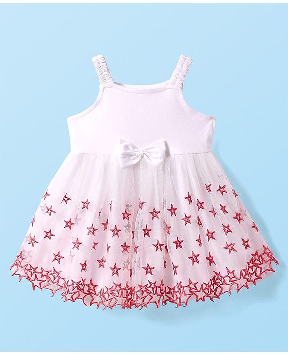 Babyhug Woven Half Sleeves Embroidered Stars Frock with T-Shirt - White & Pink