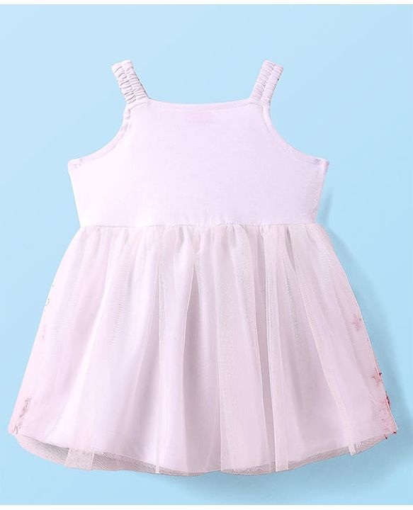 Babyhug Woven Half Sleeves Embroidered Stars Frock with T-Shirt - White & Pink