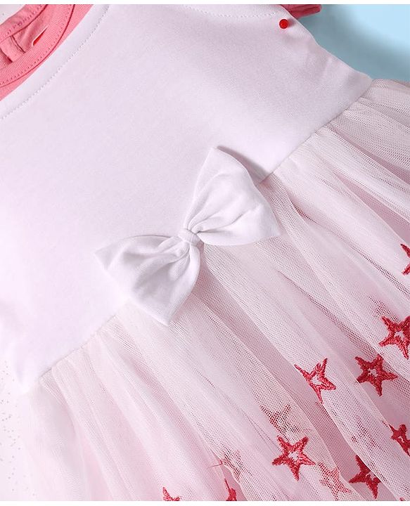 Babyhug Woven Half Sleeves Embroidered Stars Frock with T-Shirt - White & Pink