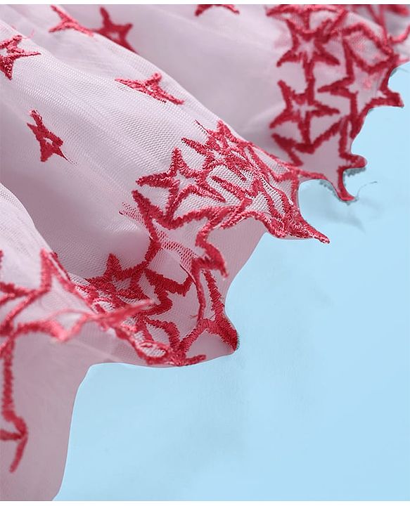 Babyhug Woven Half Sleeves Embroidered Stars Frock with T-Shirt - White & Pink