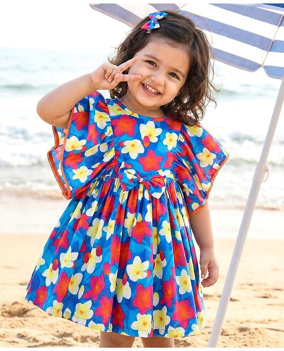 Babyhug Cotton Woven Flutter Sleeves Floral Printed Frock - Blue