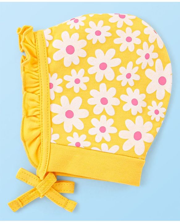 Babyhug 100% Cotton Knit Caps With Floral & Polka Dots Print Pack Of 2 - Yellow & Dark Pink