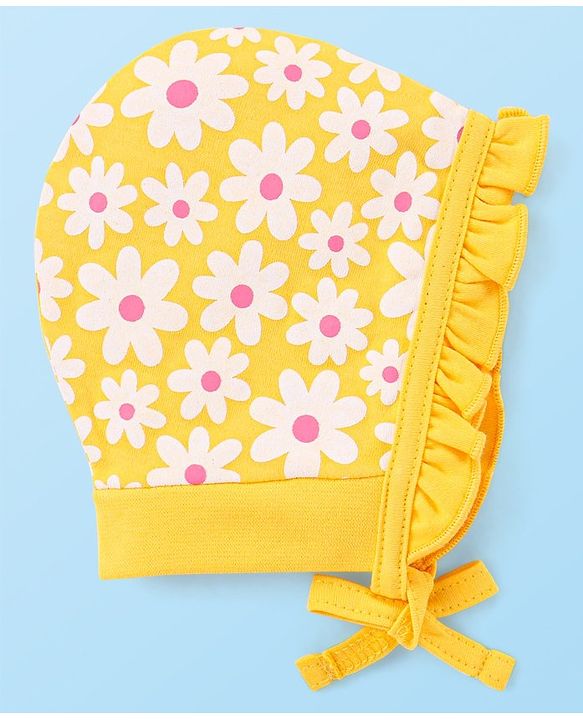 Babyhug 100% Cotton Knit Caps With Floral & Polka Dots Print Pack Of 2 - Yellow & Dark Pink